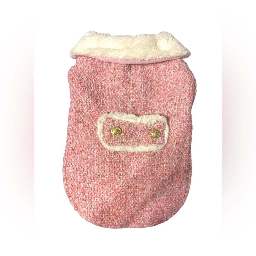 Smoothie Pooch Pink Tweed Dog Coat with Gold Buttons